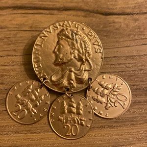 Vintage Coin brooch with Dangle coins brushed gold texture